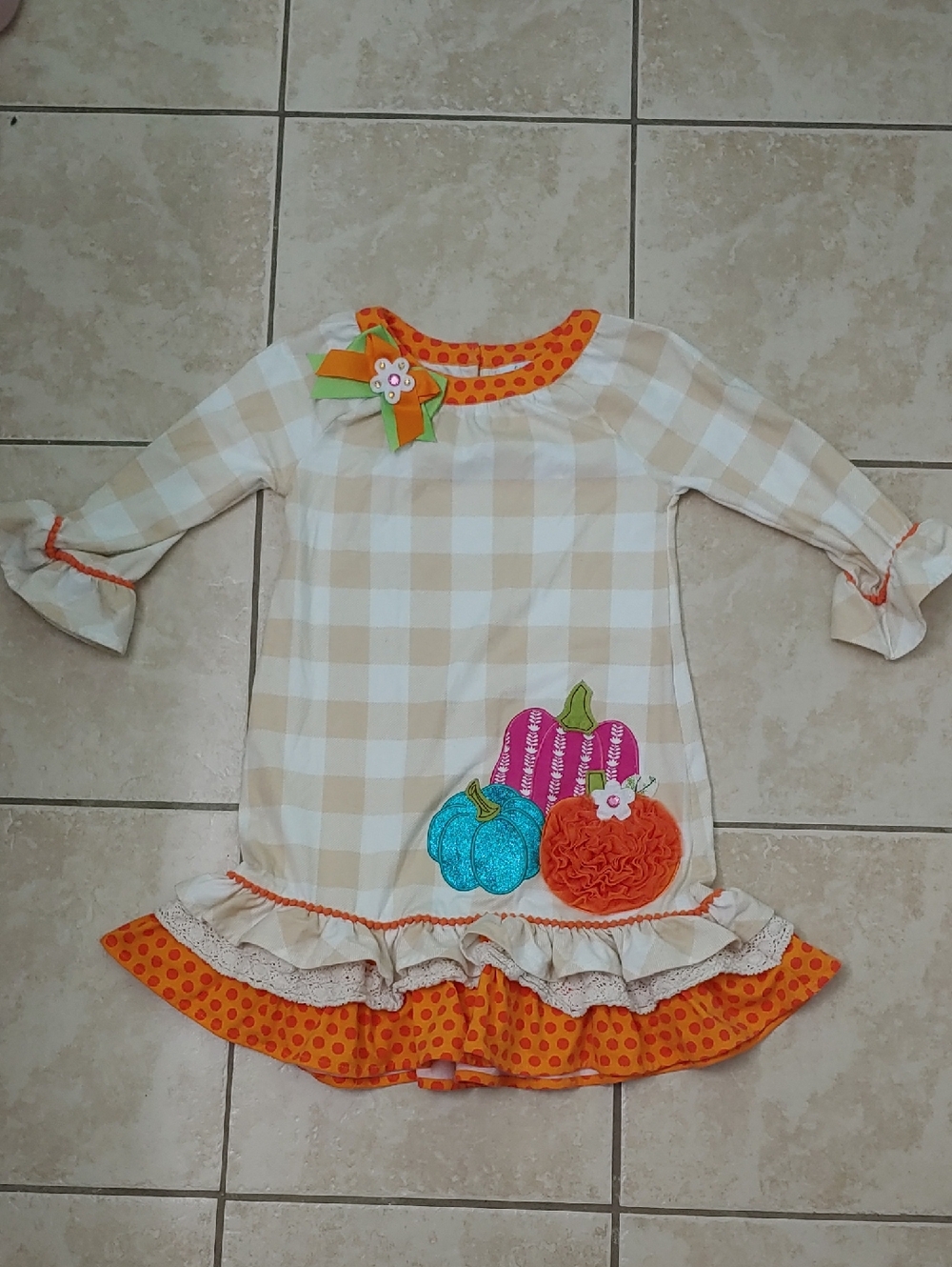 Pumpkin Plaid Boutique Dress Girl's Countin Daisies Outfit Size 6X
